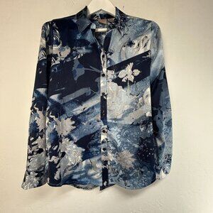 Chico's Womens Abstract Floral Print Button-Up Shirt Size 1 Blue Long Sleeve